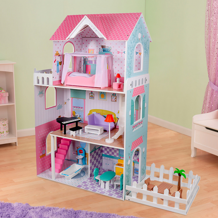 3-stöckiges Puppenhaus aus Holz mit Zubehör für Mädchen Pretty House XXL